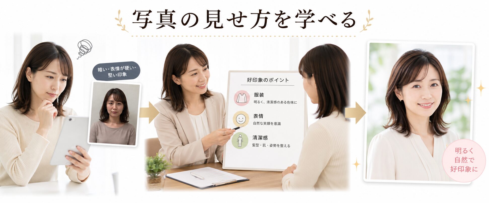 結婚相談所で服装や表情のアドバイスを受けてプロフィール写真の印象を整える流れのイメージ写真