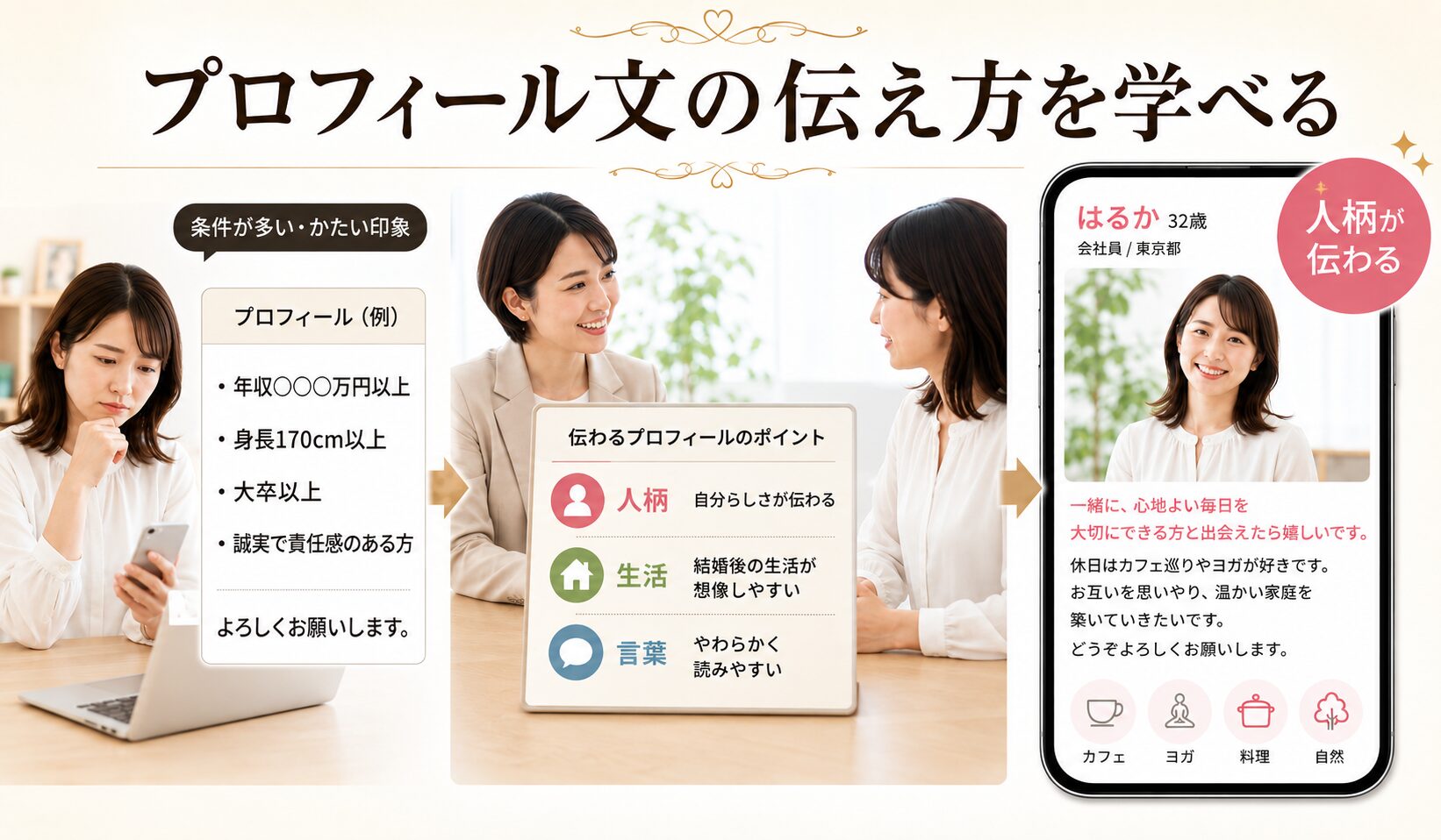 結婚相談所の担当者とプロフィール文を見直して人柄が伝わる内容に整える流れのイメージ写真