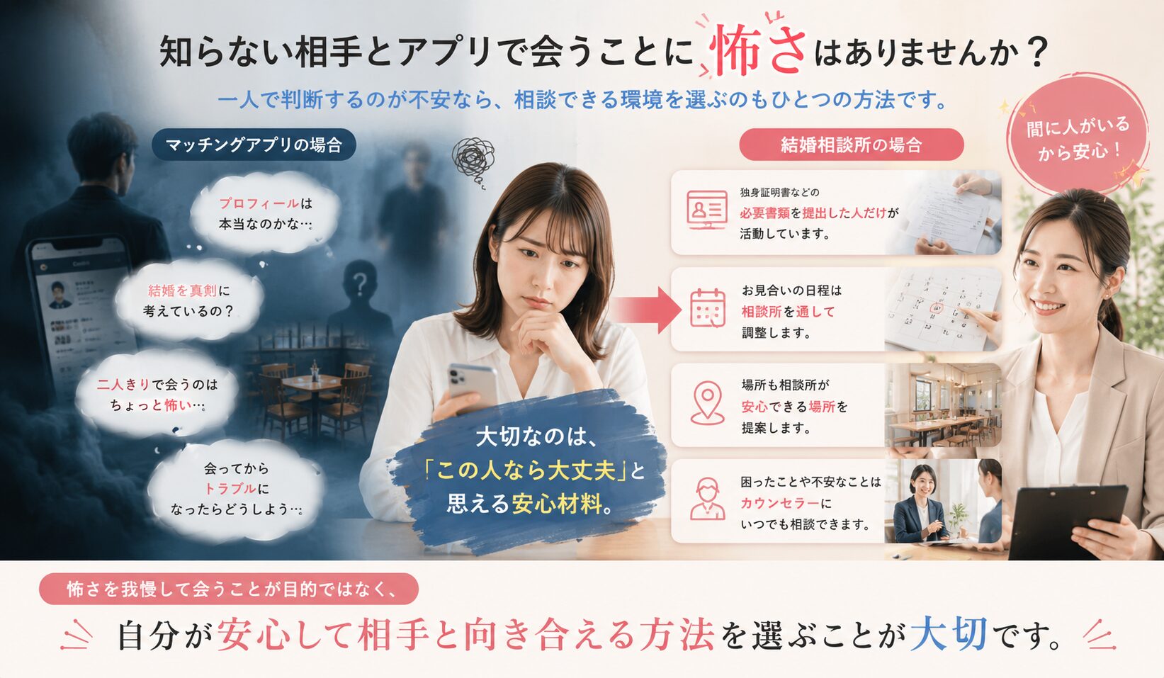 知らない相手とアプリで会う不安と結婚相談所の安心材料を比較した画像