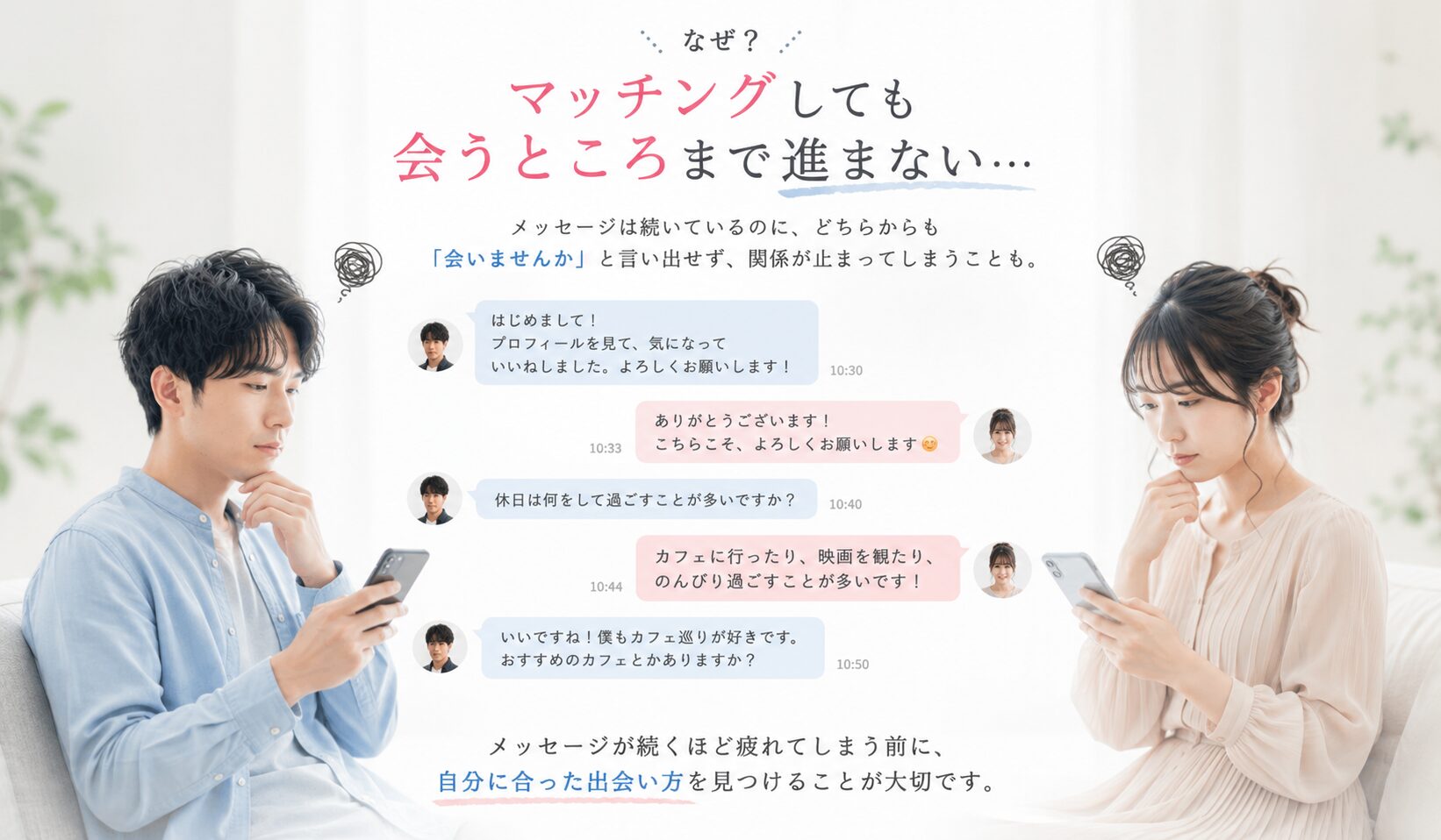 マッチング後にメッセージは続くものの会う約束まで進めず悩む男女のイメージ画像