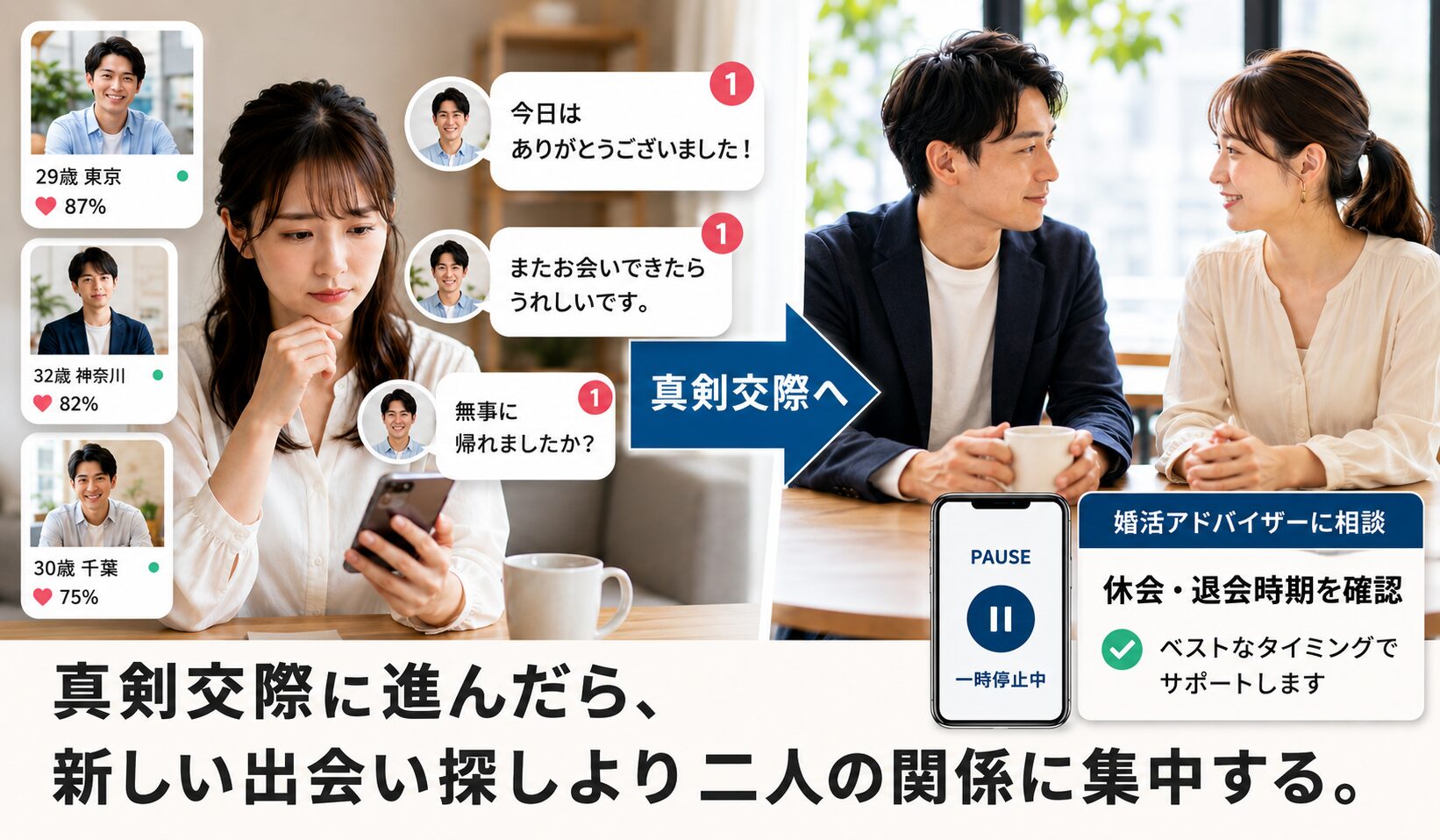 真剣交際に進んだら新しい出会い探しを止めてブライダルネットの休会や退会時期を確認するイメージ画像