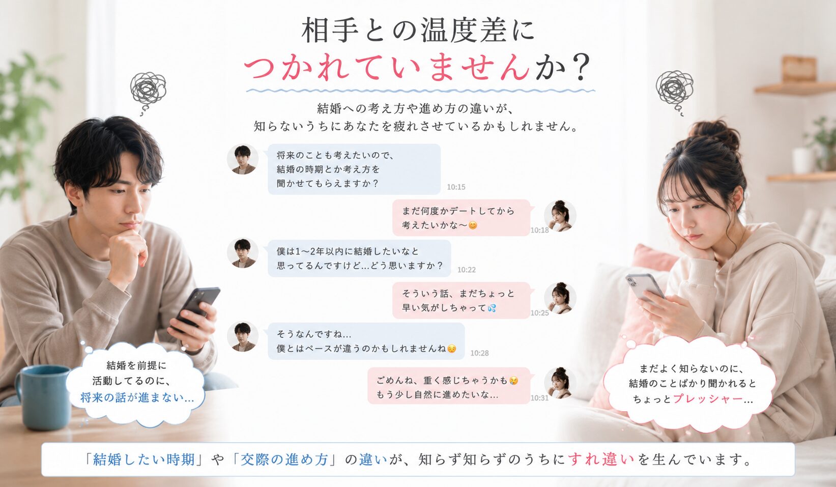 結婚への温度差に悩み、メッセージのやり取りにすれ違いが出ている男女のイメージ画像