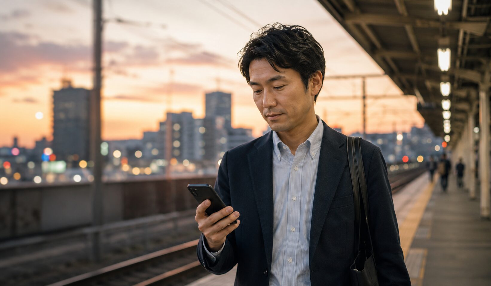 仕事帰りの駅でスマホを見る40代男性の写真