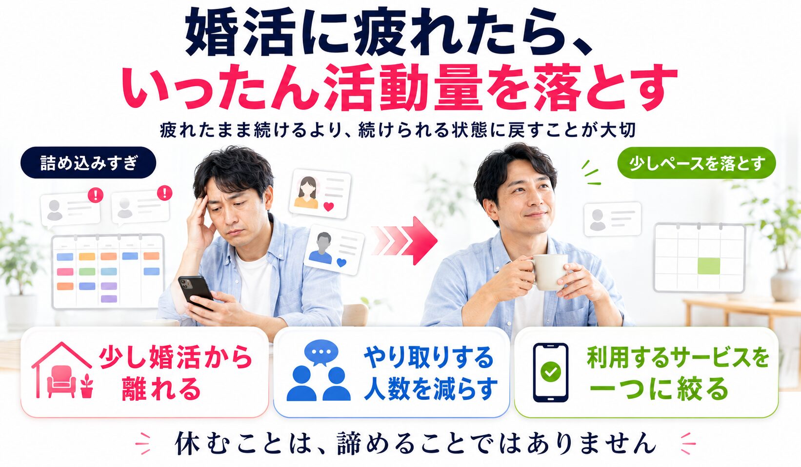 婚活に疲れたときに活動量を落とす考え方と見直しポイントをまとめた画像