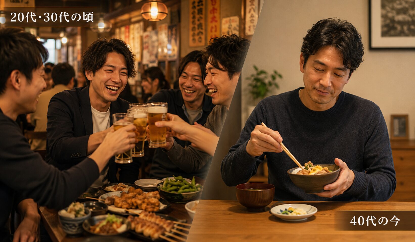 20代や30代の頃の飲み会と40代になって一人で食事をする場面を対比した写真