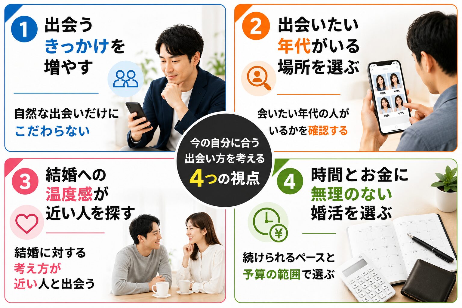 40代男性が自分に合う出会い方を考える4つの視点をまとめた画像