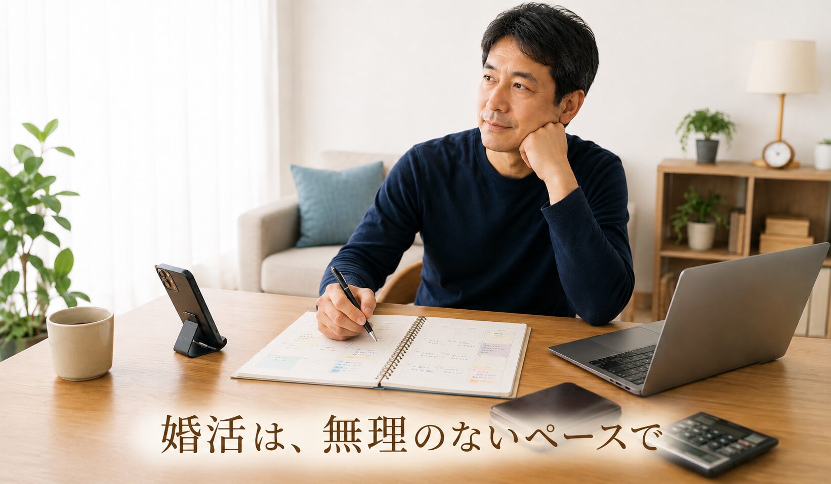 婚活を無理のないペースで続けるために時間とお金のバランスを考える40代男性の写真
