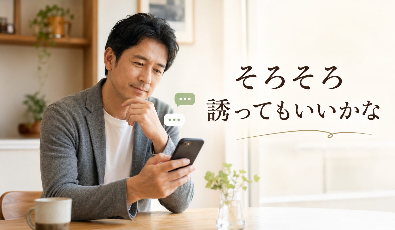 メッセージが続く相手をデートに誘うタイミングを考える40代男性の写真