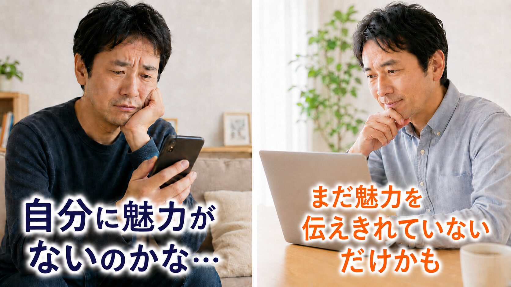 婚活で自分の魅力が伝わらない悩みとプロフィール見直しの考え方を比較した画像