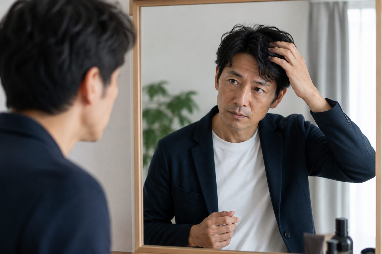 鏡を見ながら身だしなみを確認する40代男性の写真