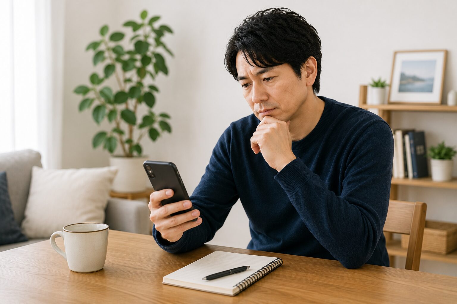 自宅でスマホを見ながら婚活について考える40代男性の写真