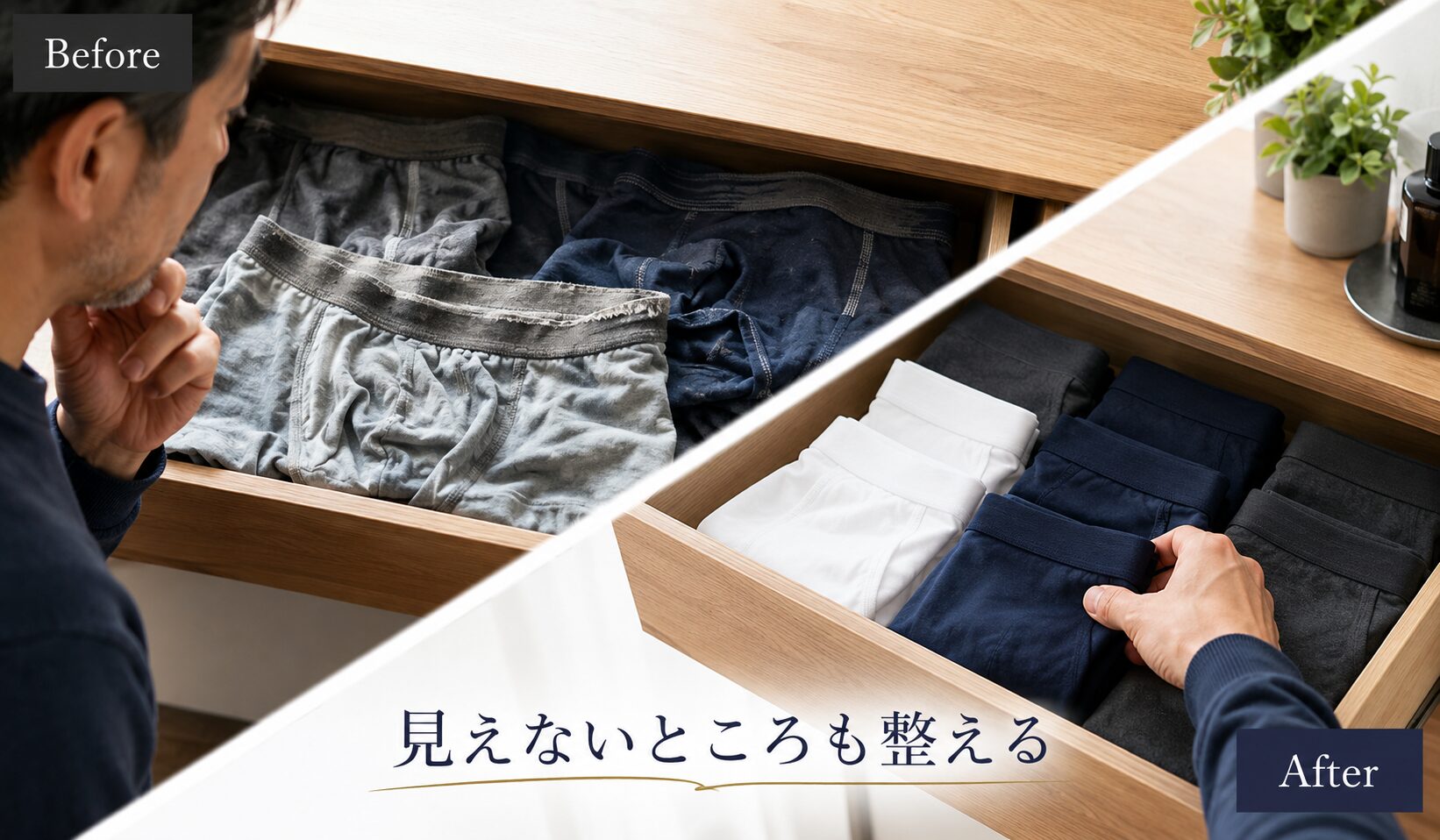 ヨレヨレの下着と整えた下着を比較し、見えないところも整える大切さを表した写真