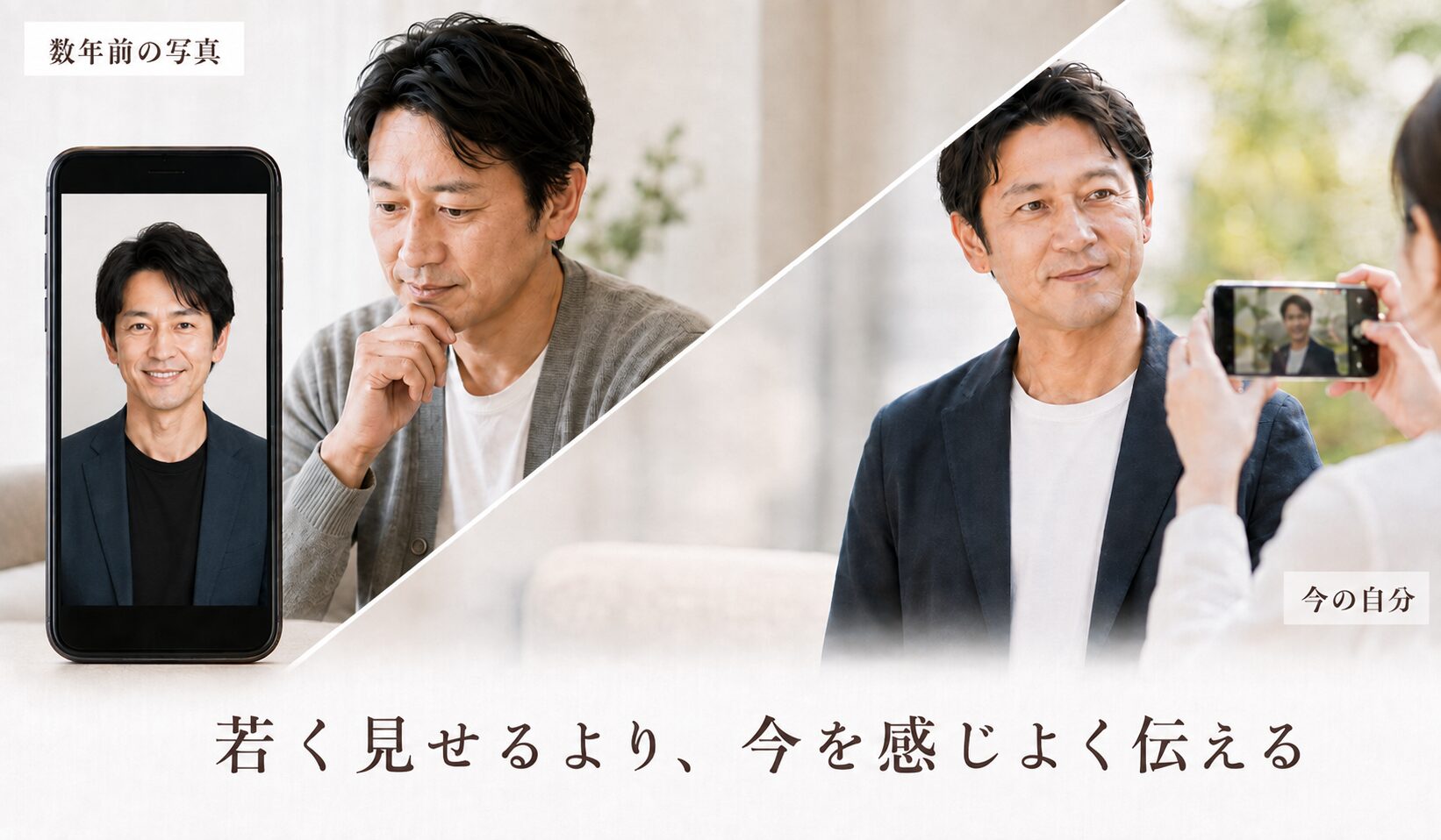 数年前のプロフィール写真と今の自分を撮り直す様子を比較し、今の自分を感じよく伝える大切さを表した写真