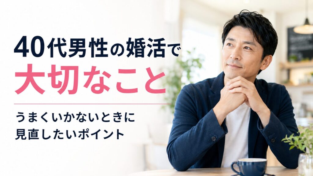 40代男性の婚活で大切なことと、うまくいかないときに見直したいポイントを表したアイキャッチ画像