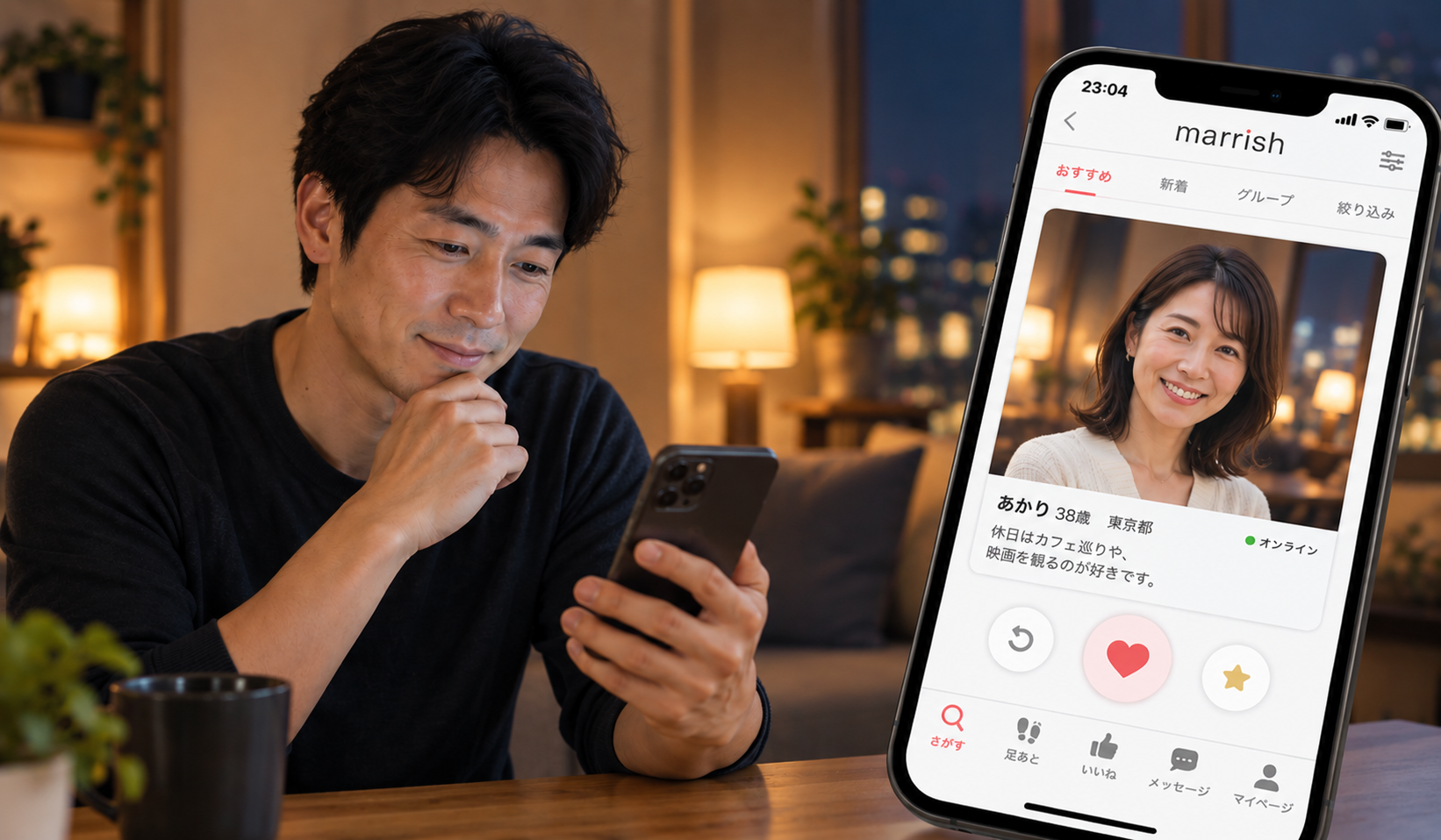 マリッシュで気になる女性のプロフィールを見ながら自分から相手を探す40代男性の写真