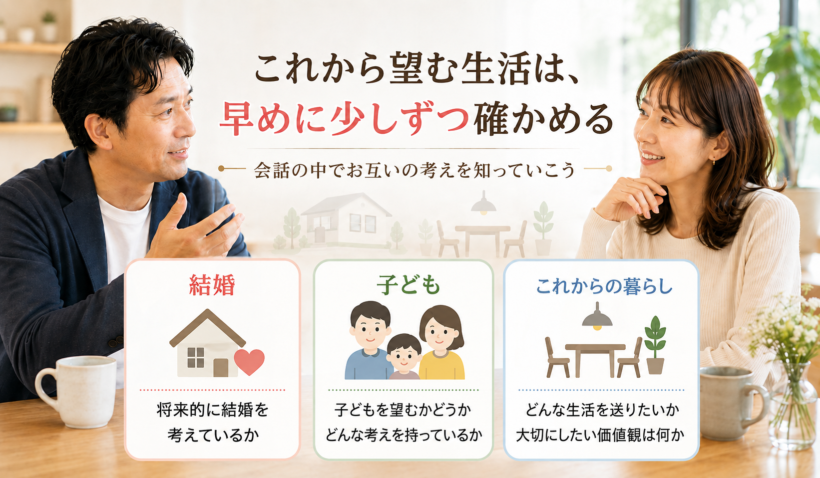 結婚や子ども、これからの暮らしについて会話しながら考えを確かめる男女の写真