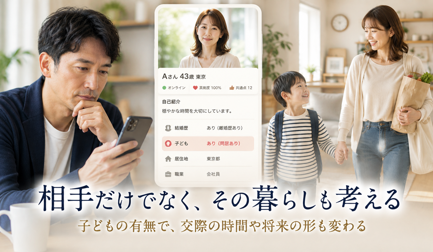 子どものいる女性との交際を生活も含めて考える男性と親子の写真