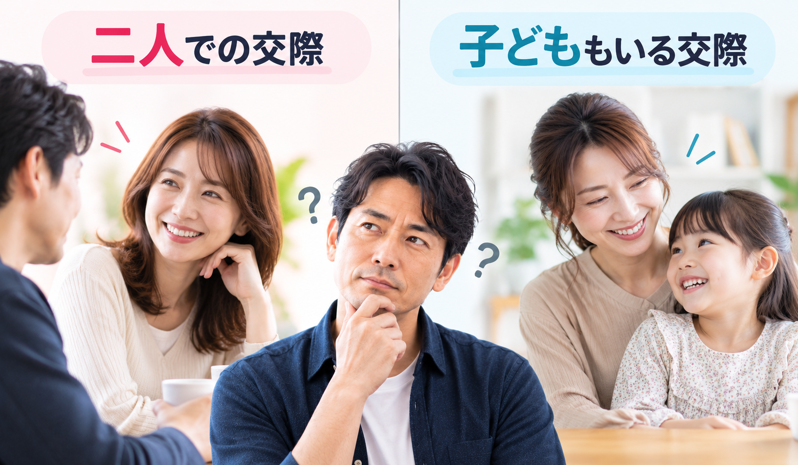 二人での交際と子どもがいる相手との交際を比較して考える40代男性の写真