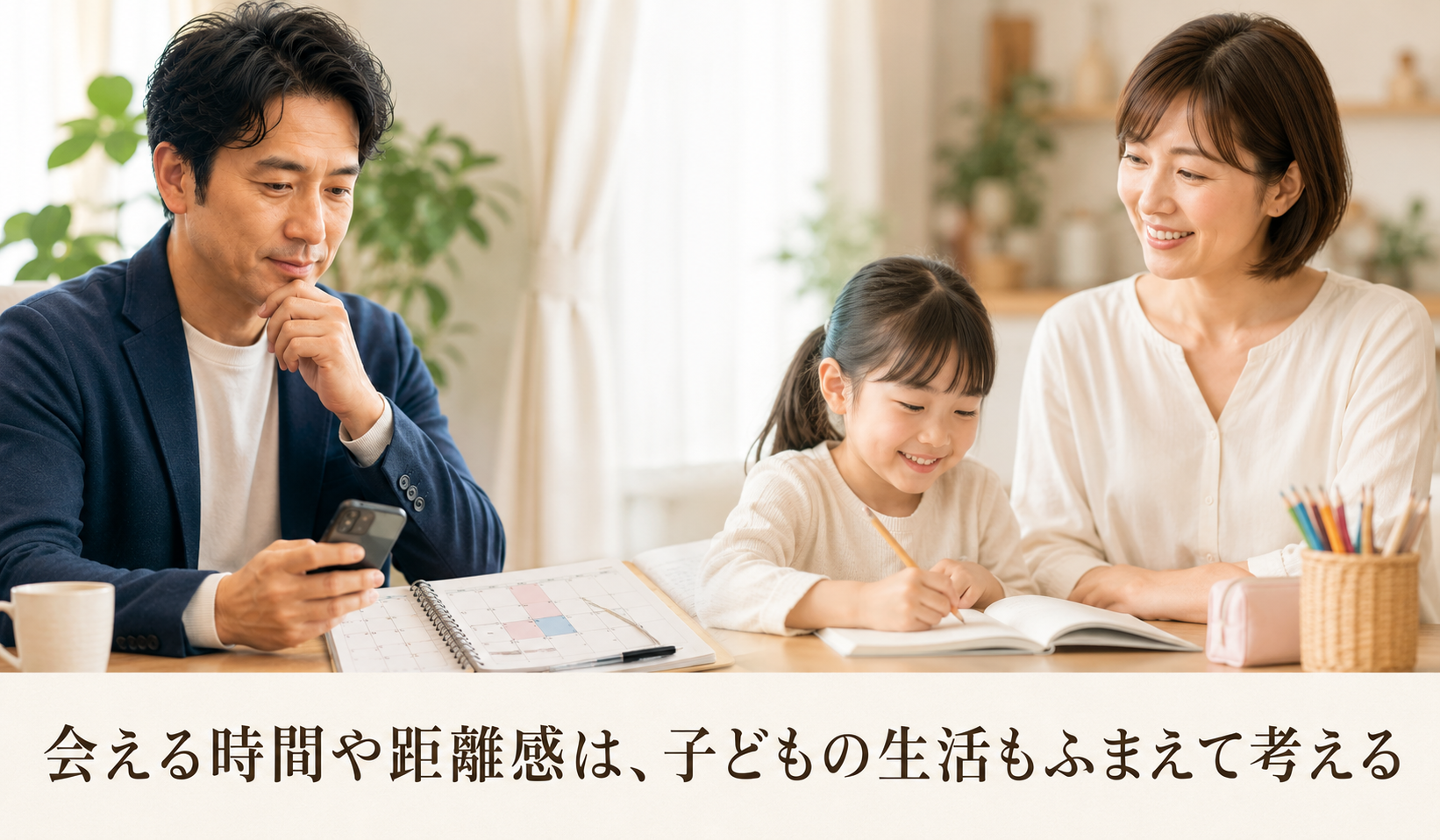 子どもの生活や予定も考えながら交際の時間や距離感を考える男性と親子の写真