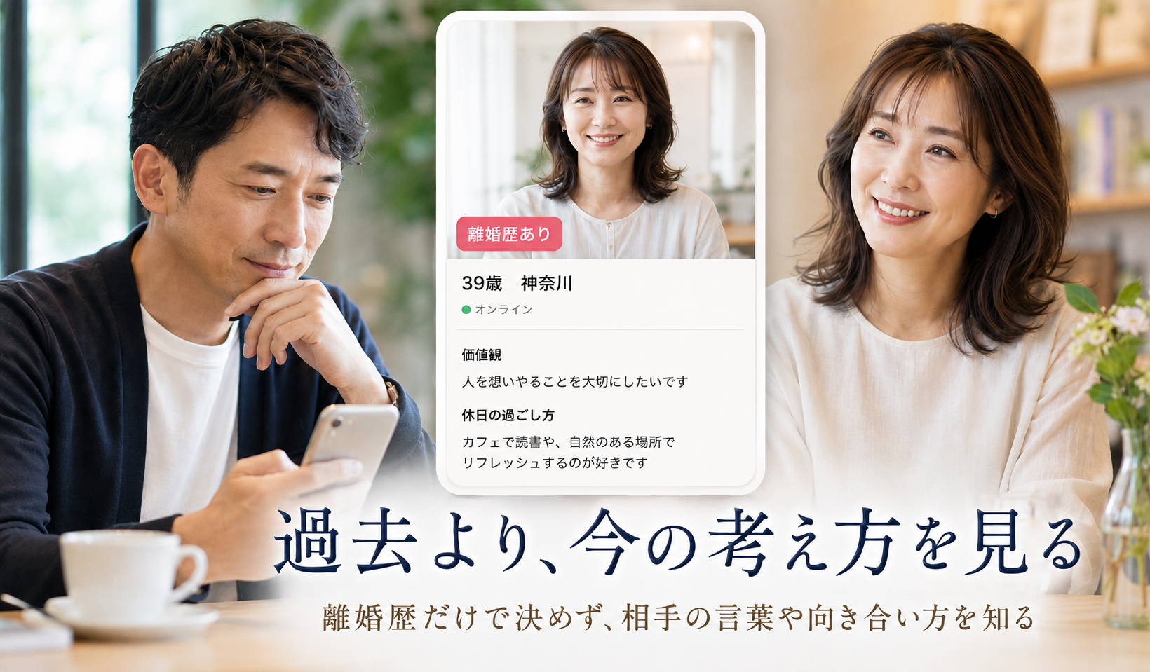 離婚歴だけで判断せず現在の価値観や考え方を見る男性と女性の写真