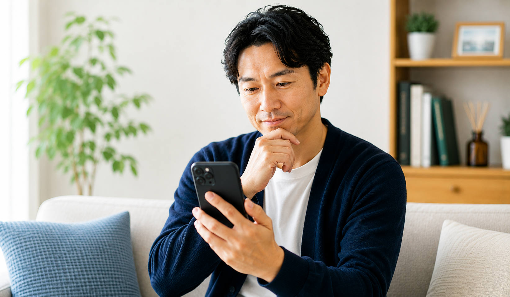 マリッシュをスマホで確認する初婚の40代男性の写真