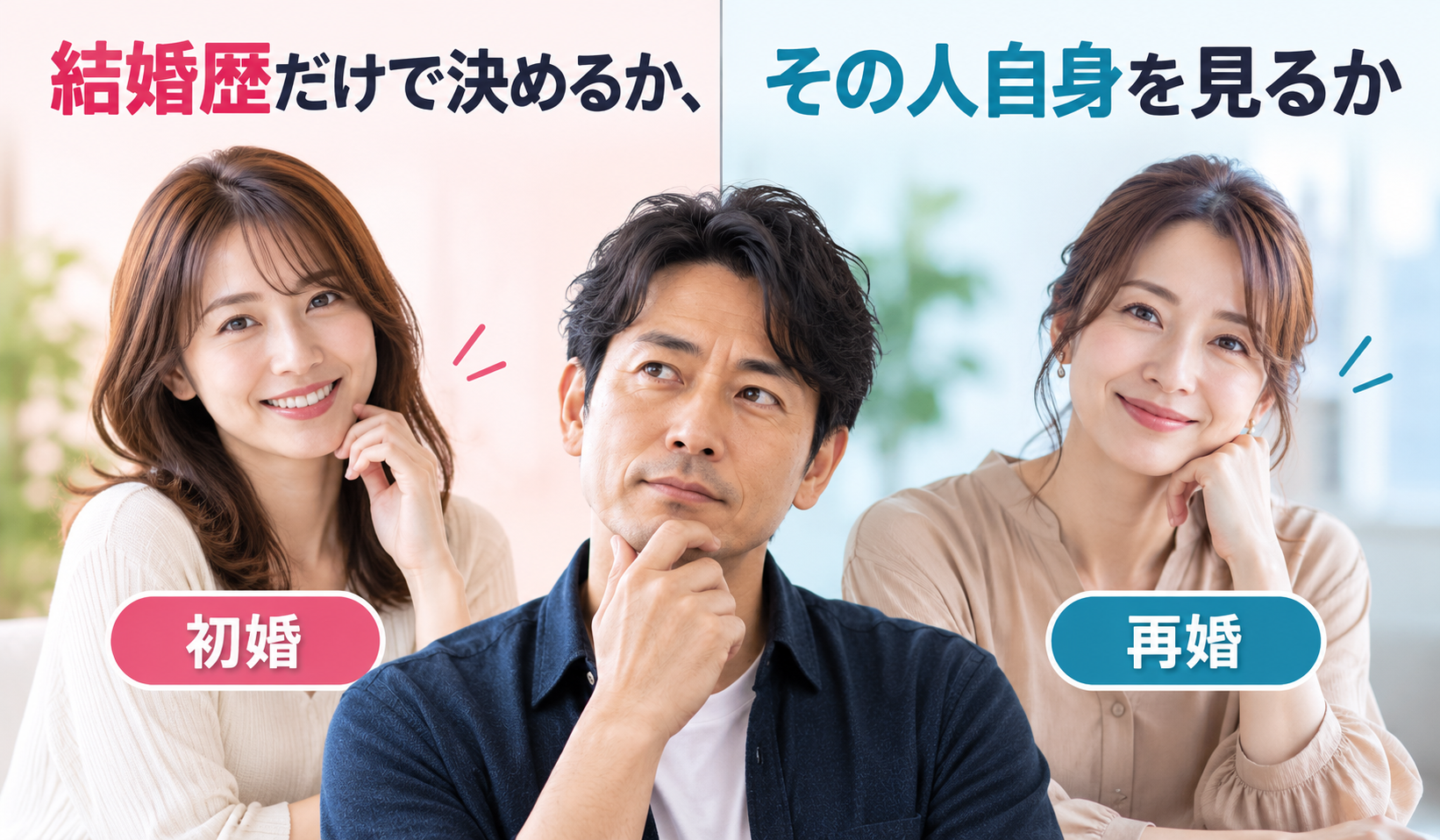 初婚と再婚の女性を前に結婚歴を重視するか考える40代男性の写真