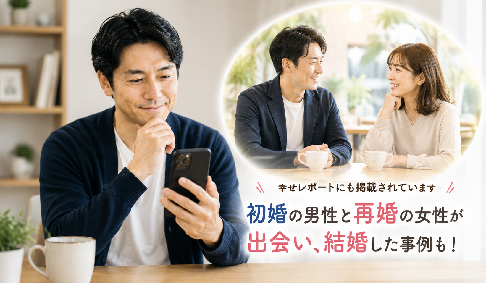 マリッシュで初婚男性と再婚女性が出会った事例をイメージした画像