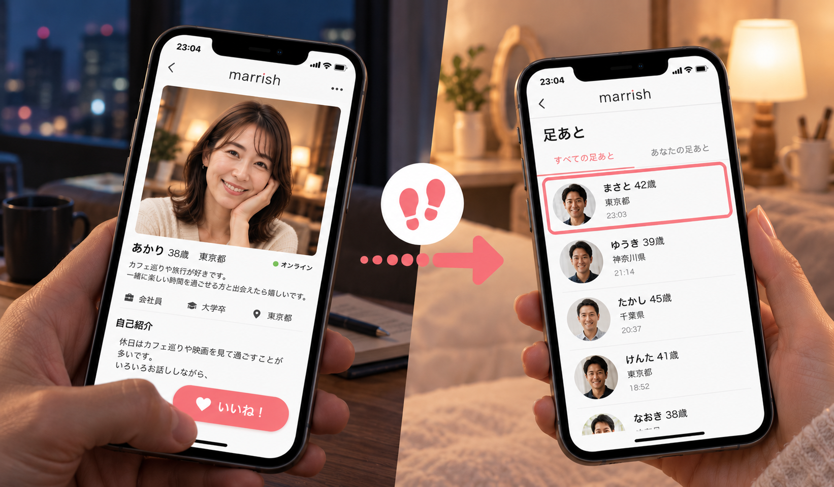 マリッシュで女性プロフィールを見たことで足あとに男性が表示される流れを示した画像