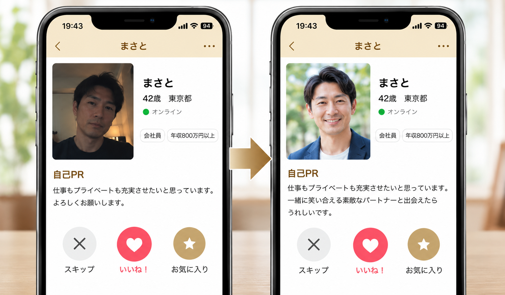 マリッシュのプロフィール写真を暗い自撮りから明るく自然な写真へ見直した比較画像