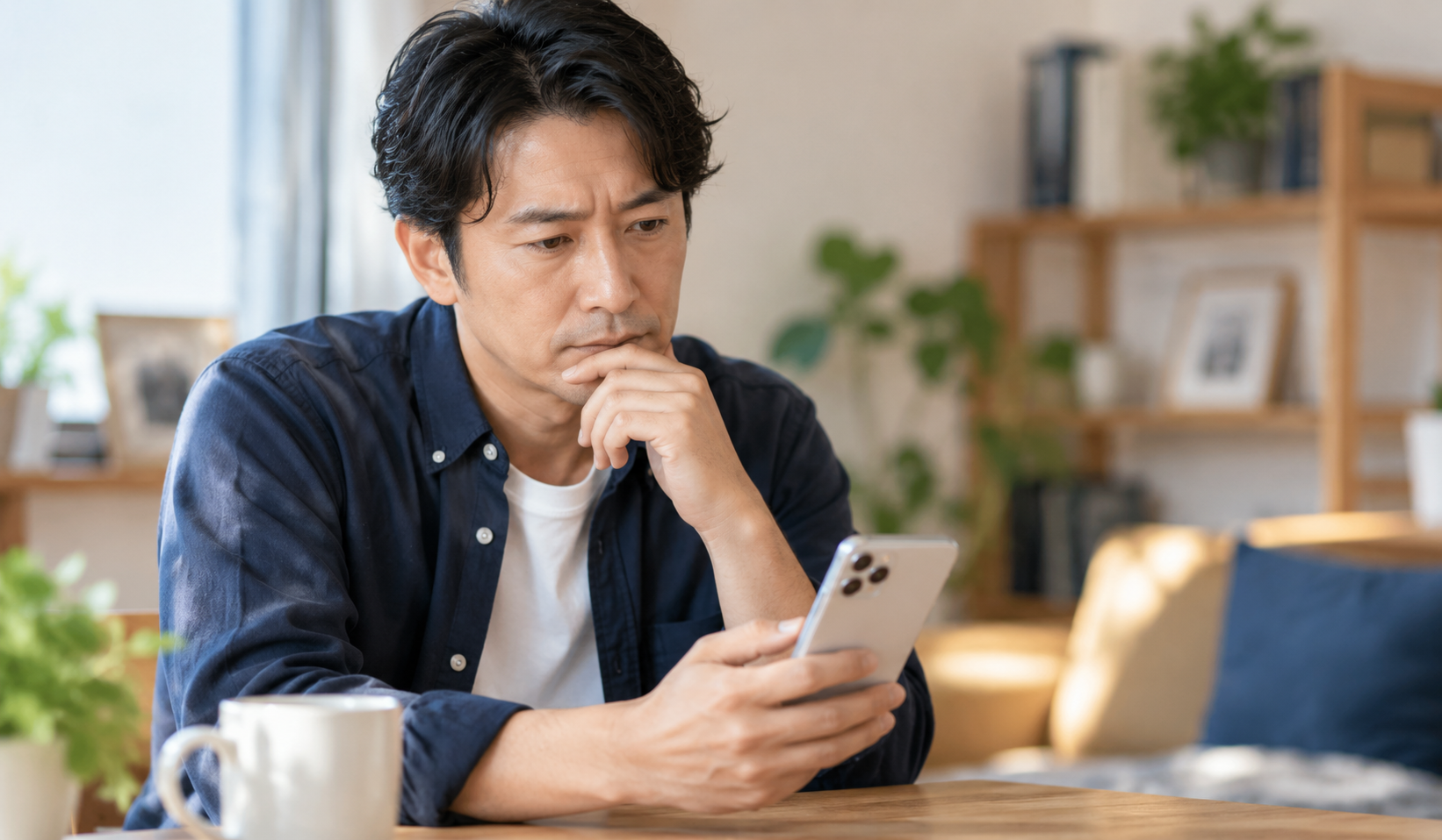 マリッシュでいいねが来ない原因を考えながらスマホを見る40代男性の写真