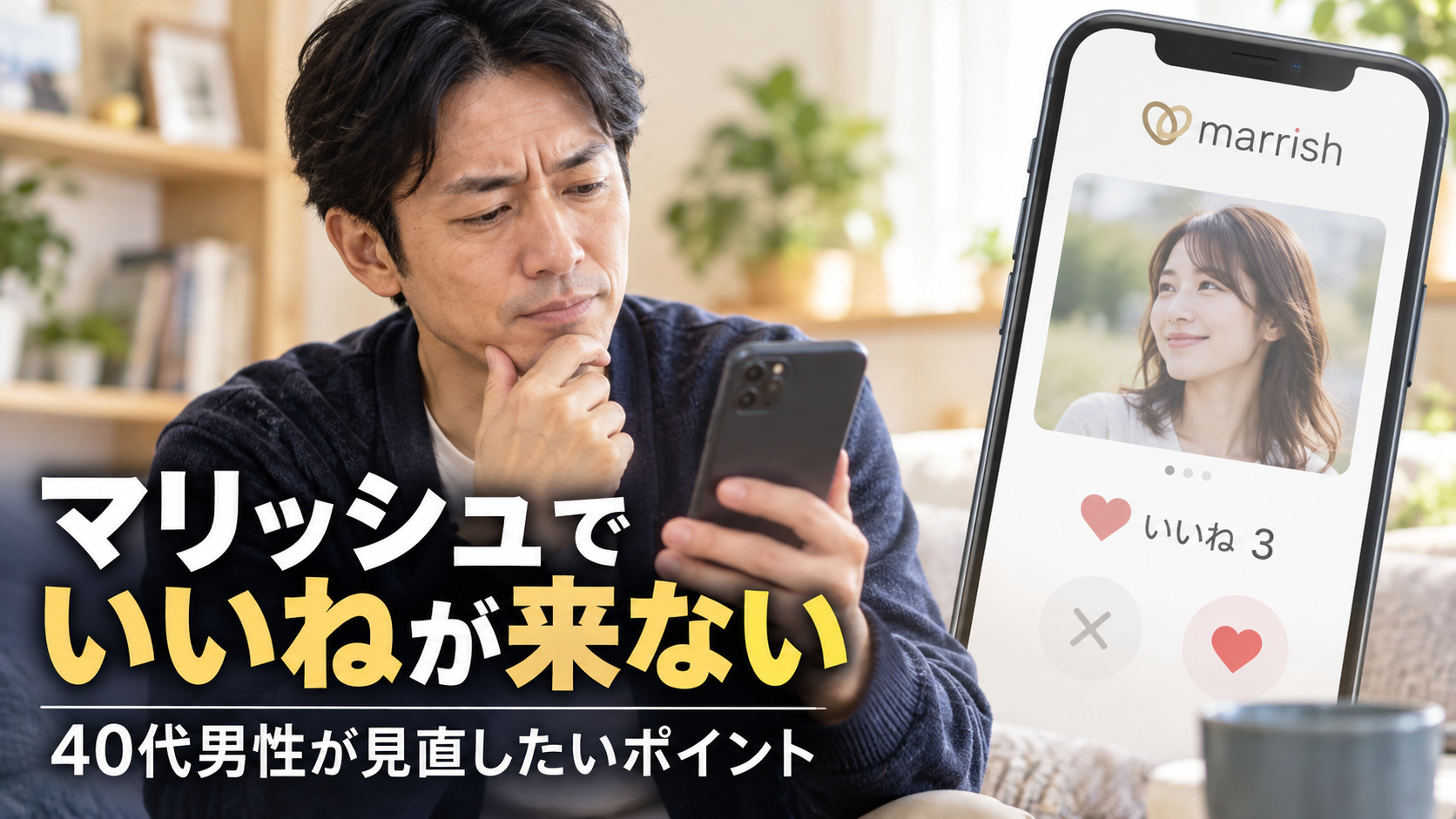 マリッシュでいいねが来ずスマホを見る40代男性と見直したいポイントを示したアイキャッチ画像
