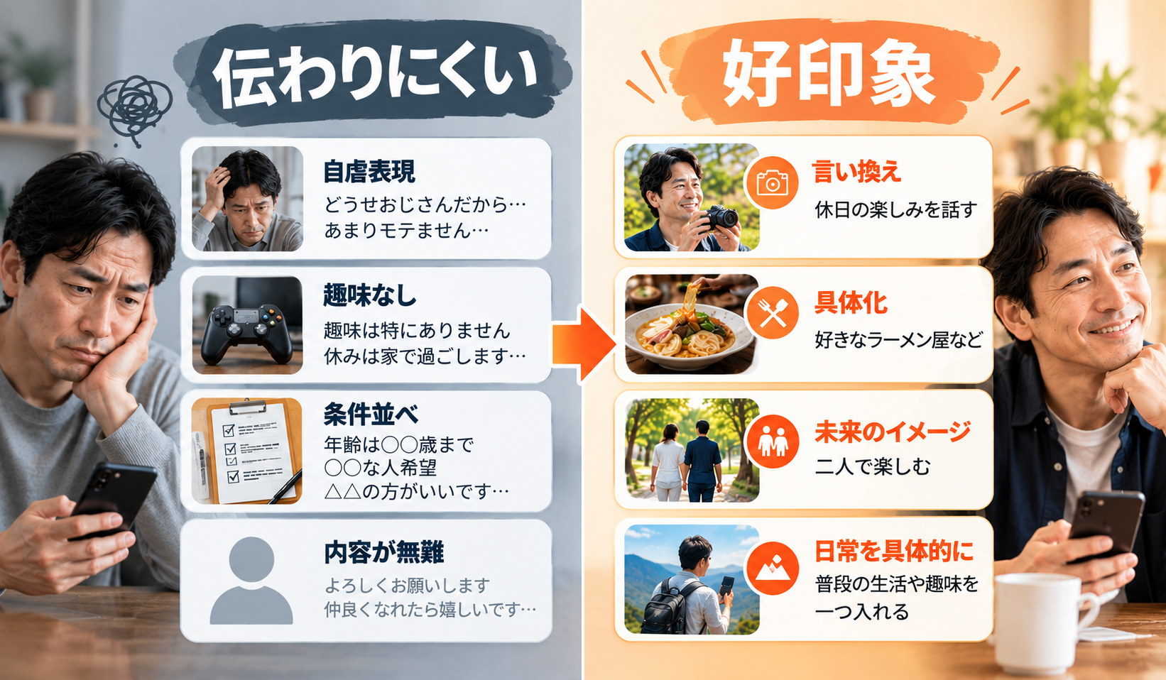 マリッシュのプロフィールで伝わりにくい例と好印象になる書き方を比較した画像