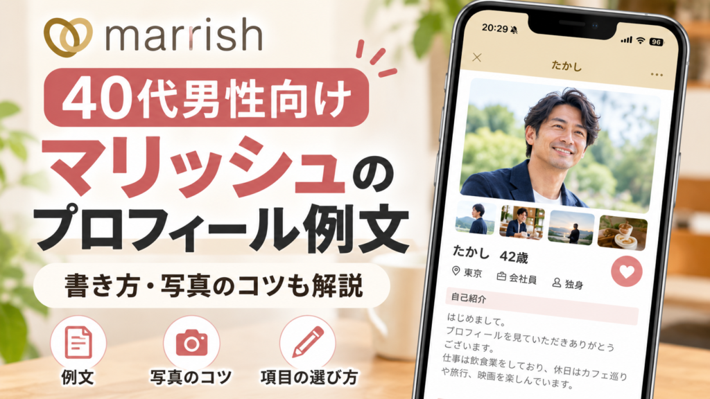 40代男性向けにマリッシュのプロフィール例文や書き方、写真のコツを紹介しているアイキャッチ画像