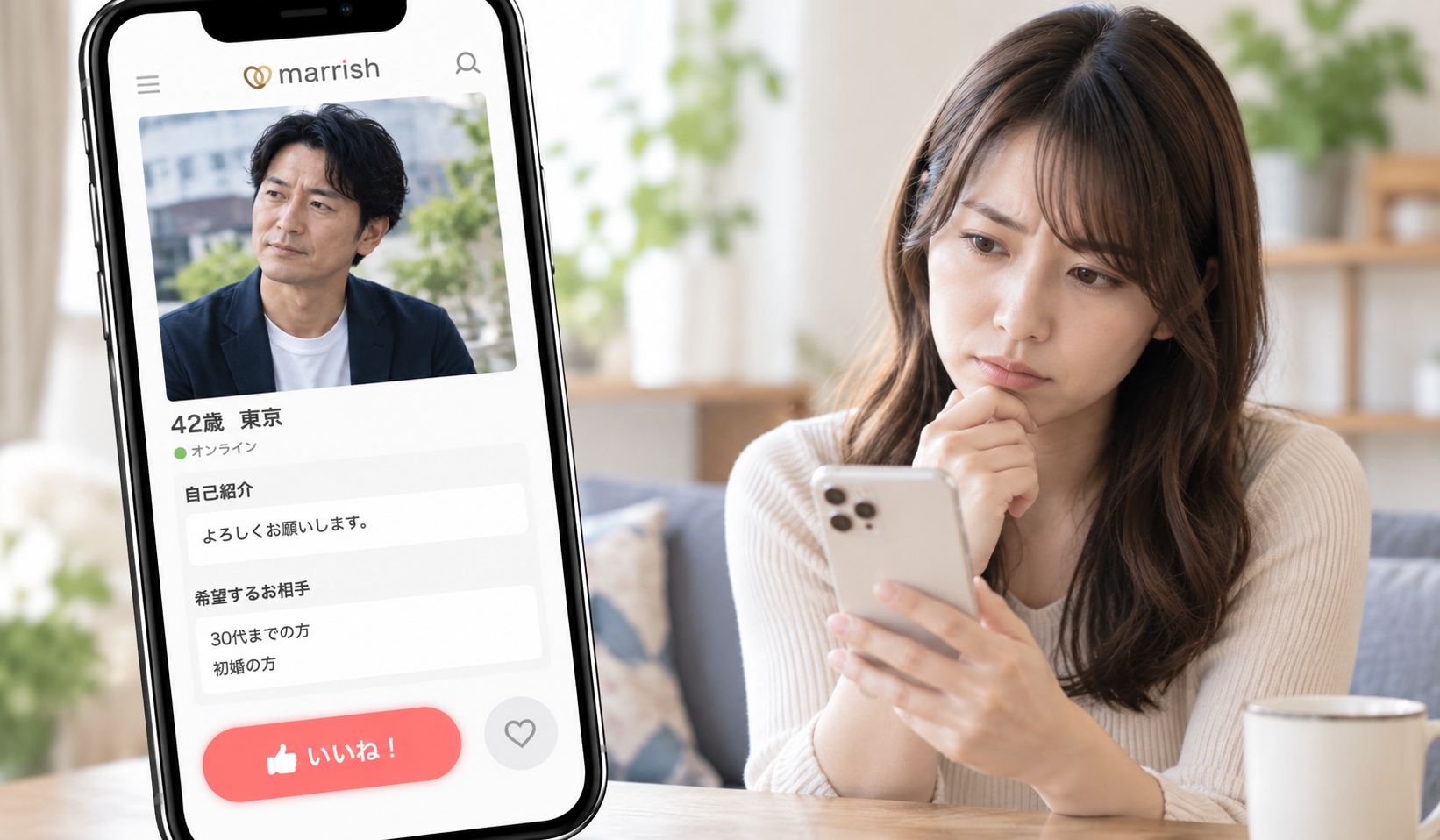 マリッシュの短い自己紹介文を見て人柄が分からず迷う女性の写真