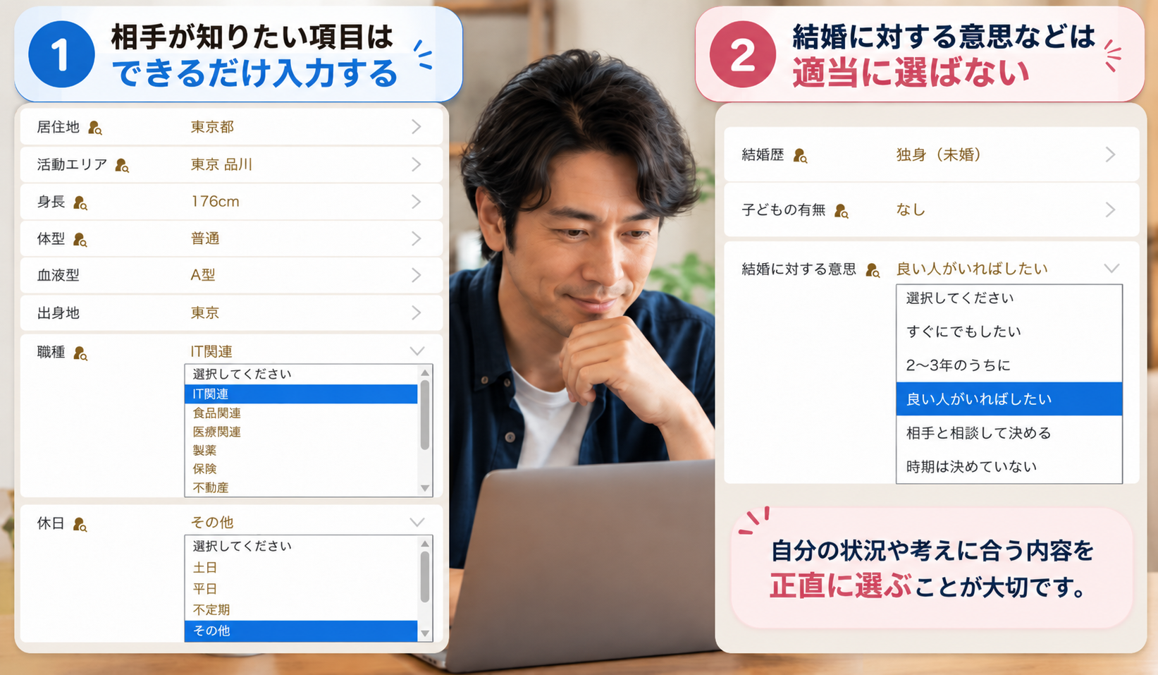マリッシュのプロフィール項目で入力したい情報と適当に選ばない項目をまとめた画像
