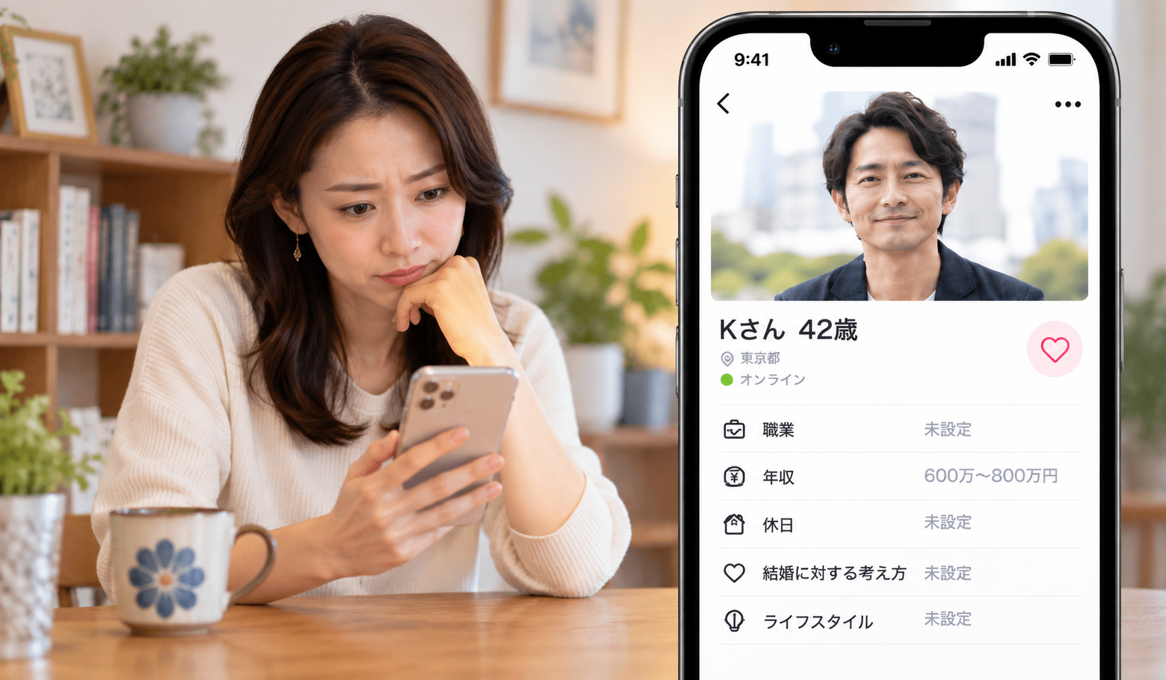 マリッシュで未設定のプロフィール項目や少ない参加グループを見て迷う女性の写真