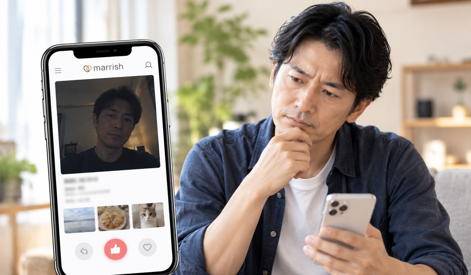 マリッシュの暗いプロフィール写真を見ながら見直しを考える40代男性の写真