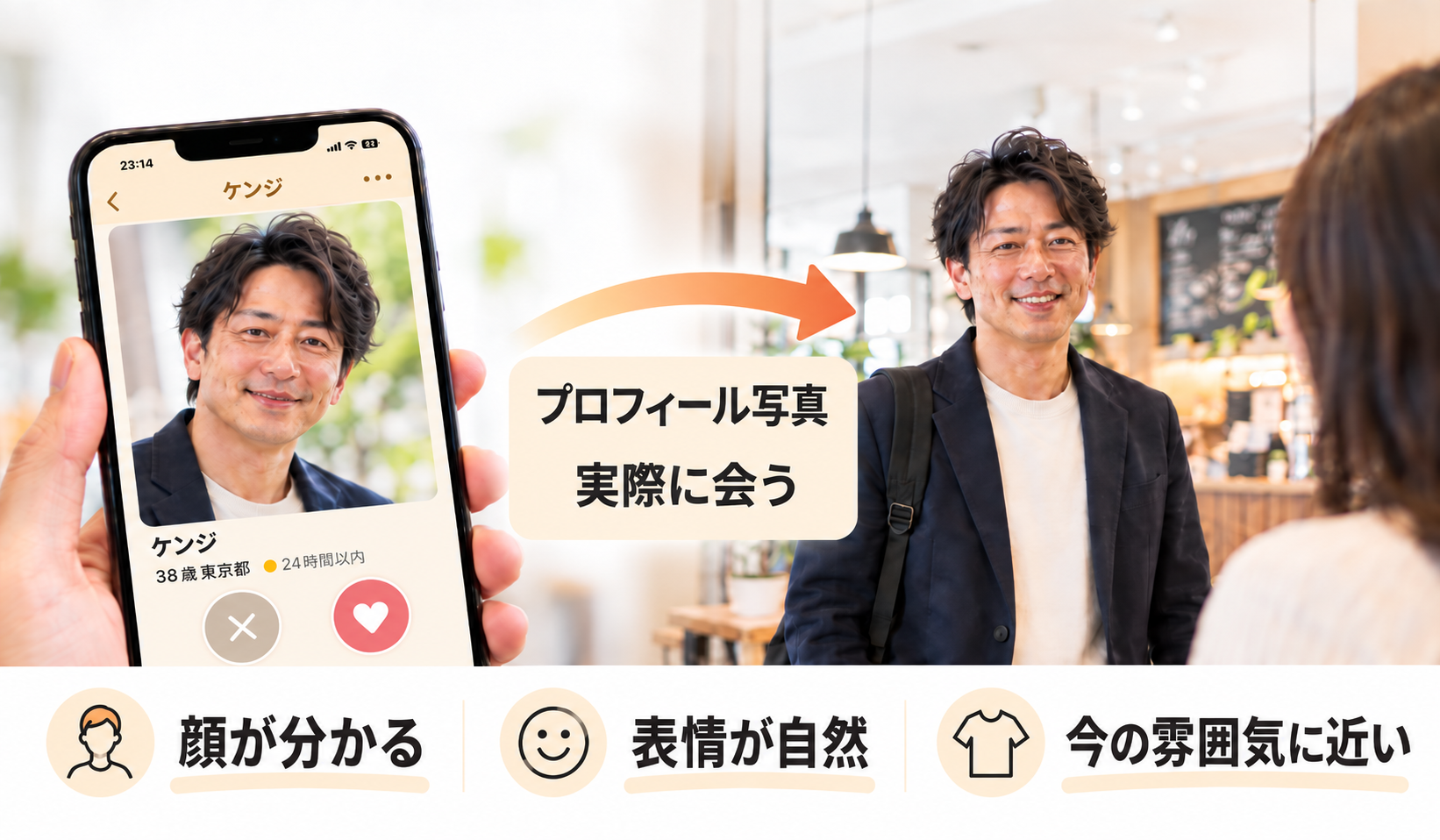 プロフィール写真と実際に会ったときの印象を近づけるポイントを示した画像