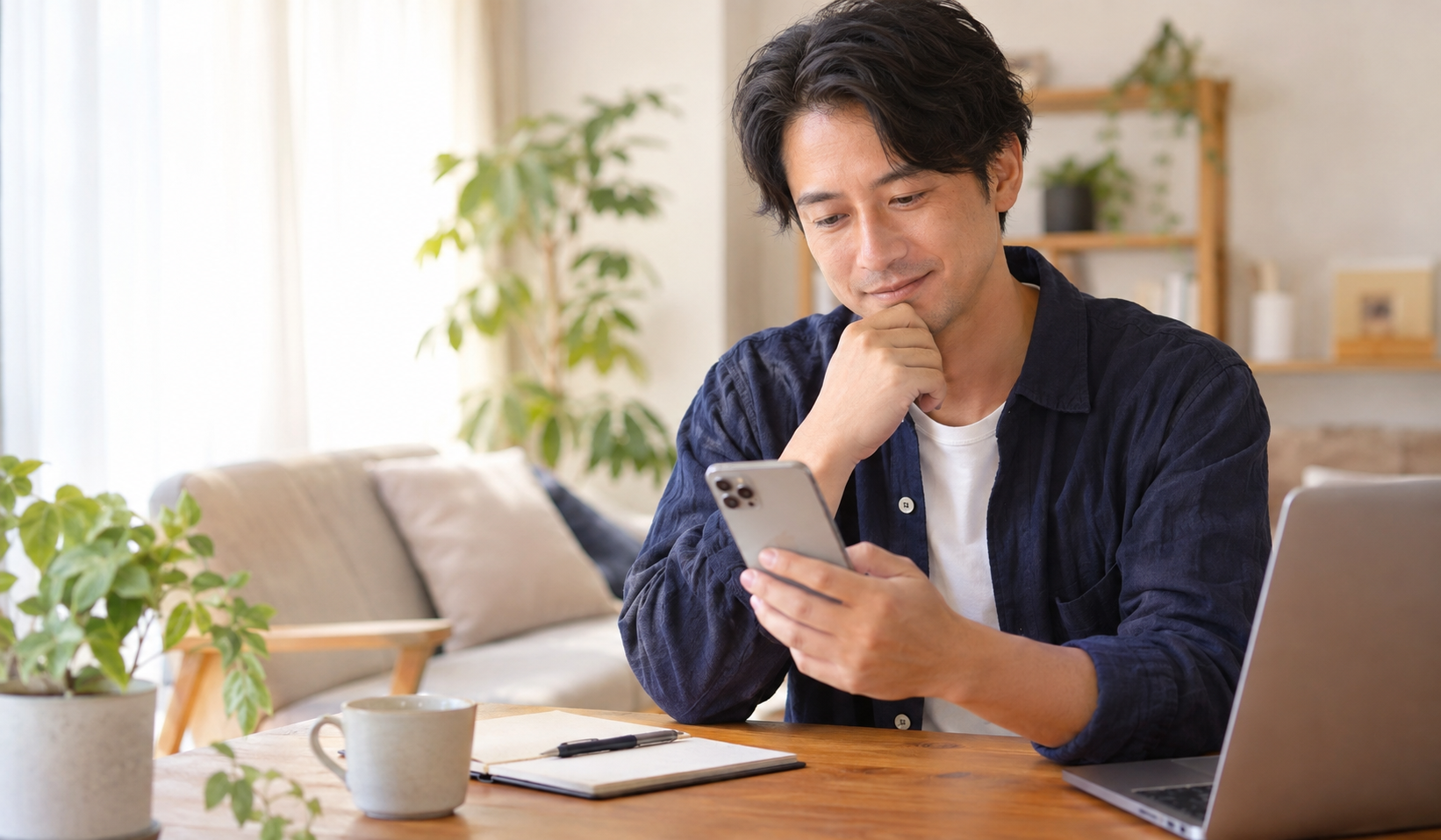 マリッシュのプロフィールを見直しながらスマホを見る40代男性の写真