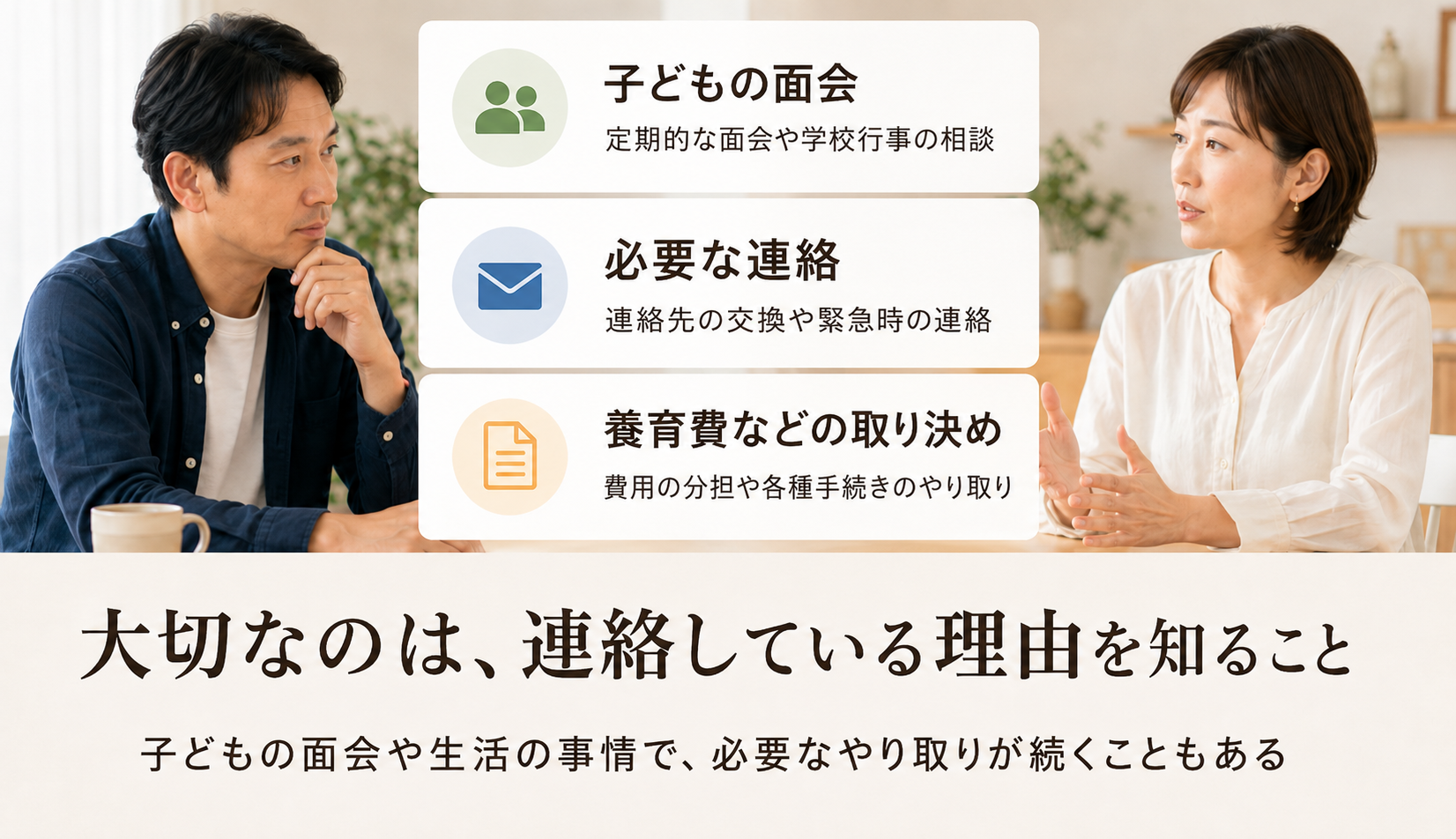 子どもの面会や必要な連絡、養育費などの取り決めについて話す男女の写真
