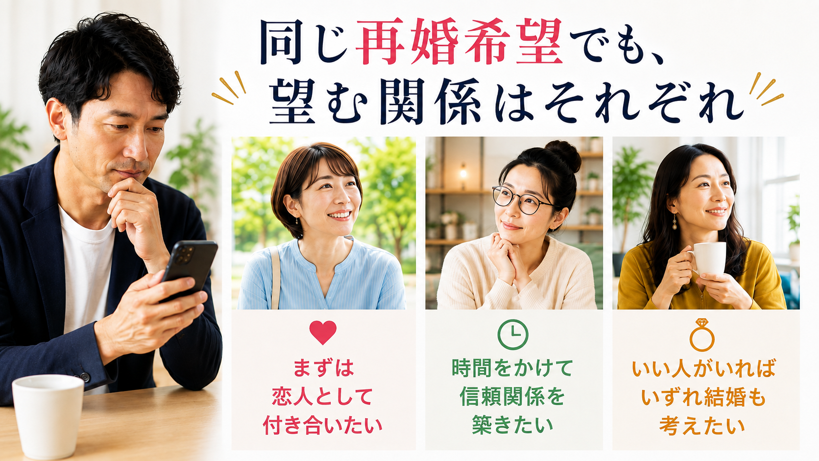 再婚希望でも望む交際や結婚の形がそれぞれ異なる女性を見比べる男性の写真
