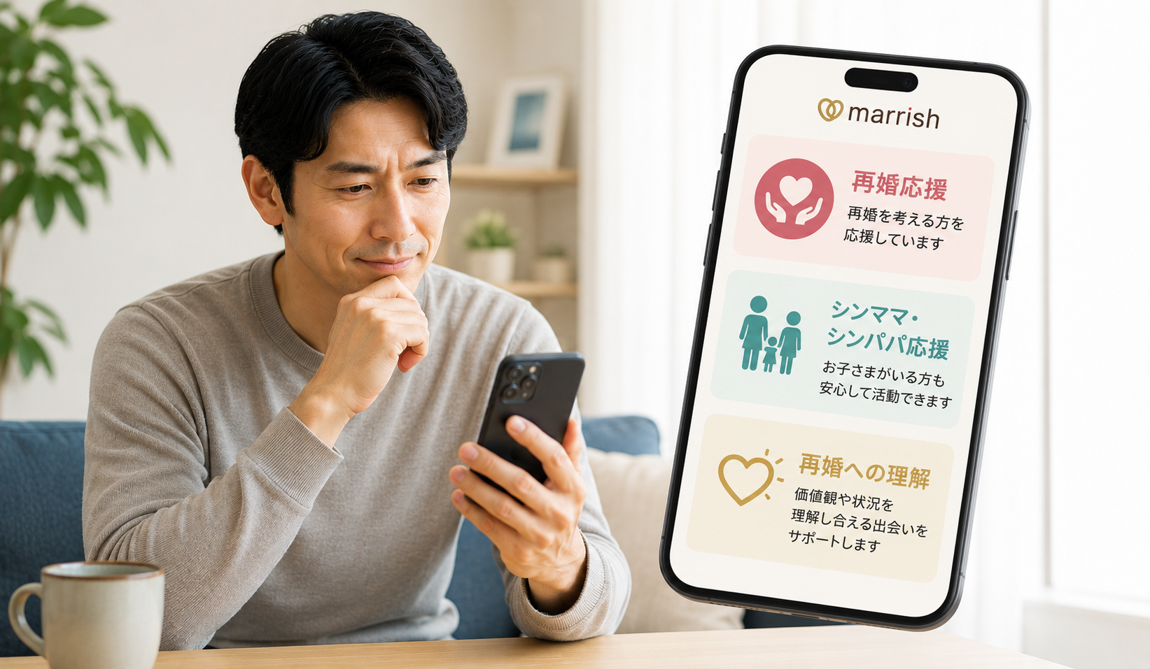 マリッシュの再婚者向けサポートを確認する40代男性の画像