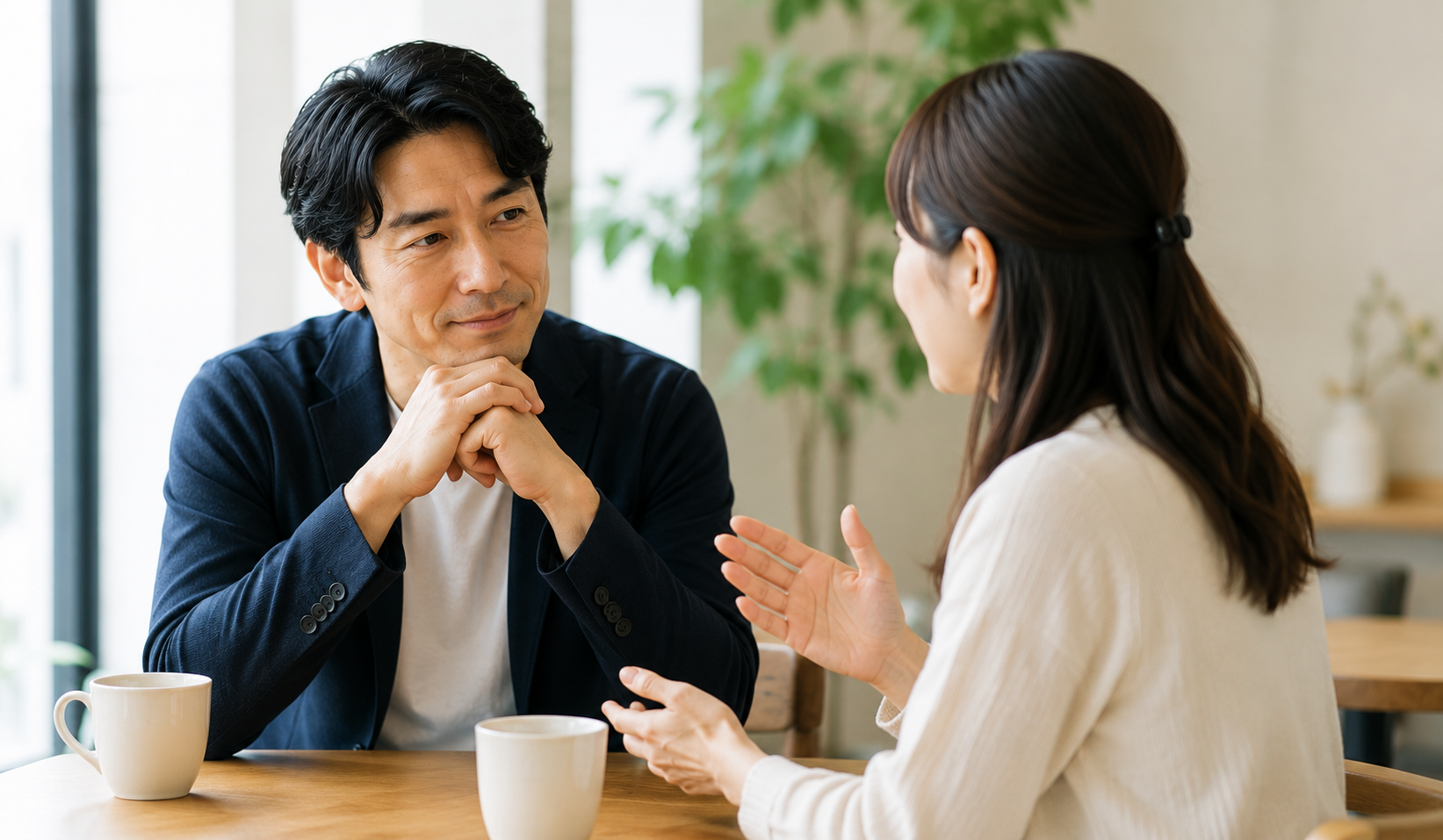 再婚に理解のある相手と穏やかに話す40代男性の写真