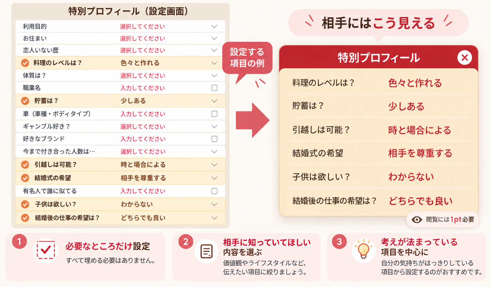 マリッシュの特別プロフィールで必要な項目だけ設定し、相手にどう見えるかをまとめた画像