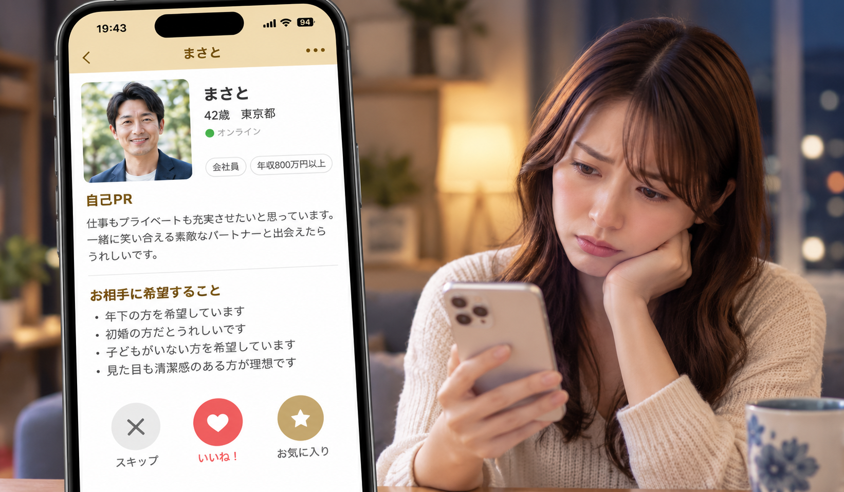 マリッシュの自己PR内に希望条件が並ぶプロフィールを見て迷う女性の写真