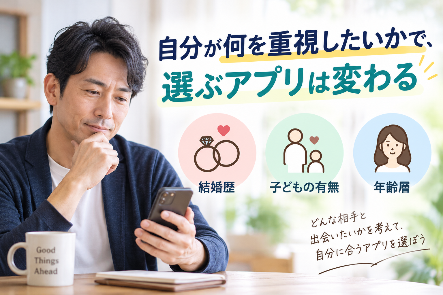 結婚歴・子どもの有無・年齢層など何を重視するかで選ぶ婚活アプリが変わることを示した画像
